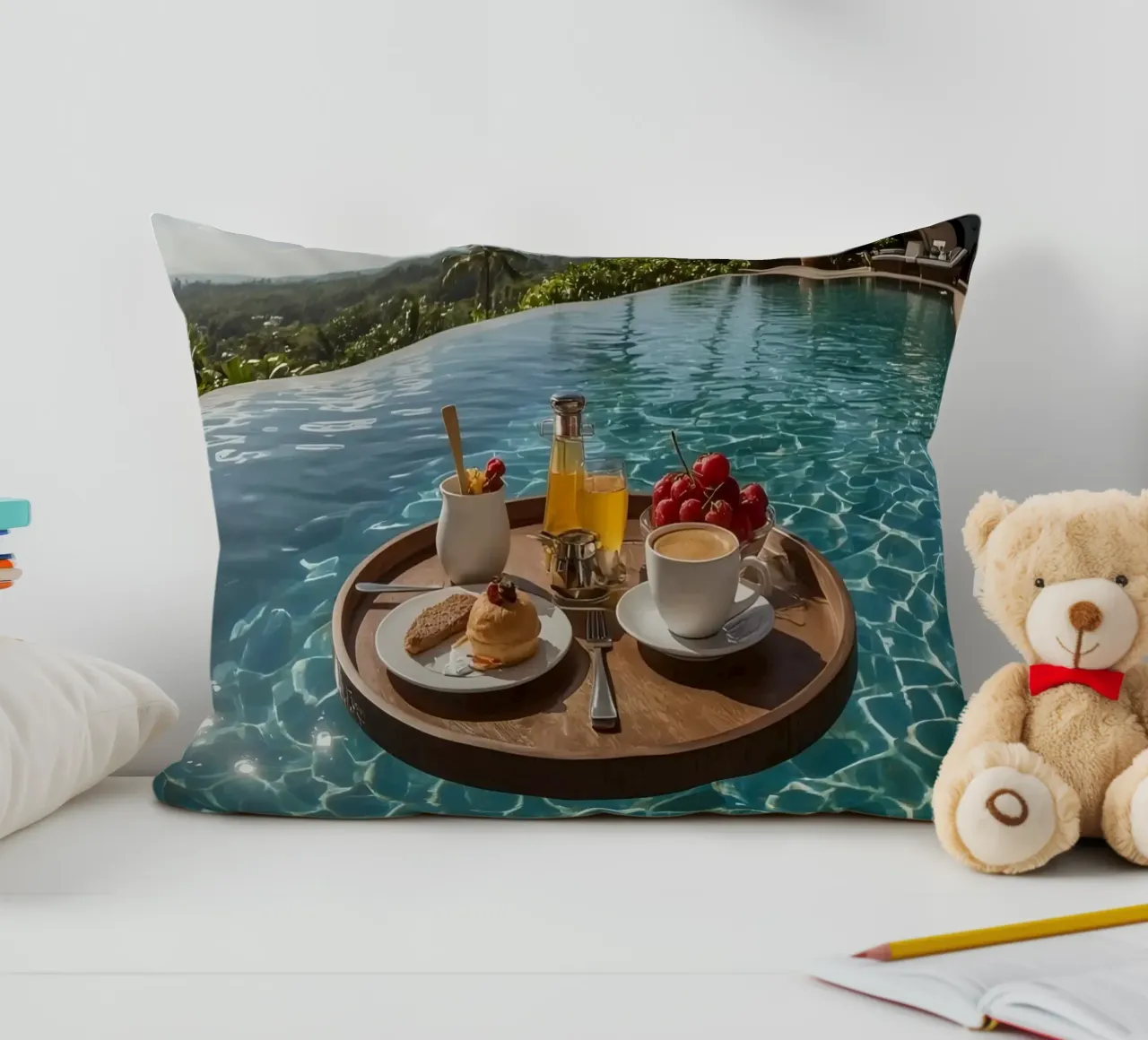 Breakfast Tray Floating in Infinity Pool with Palm Trees decorative cushion by DesignDoodle