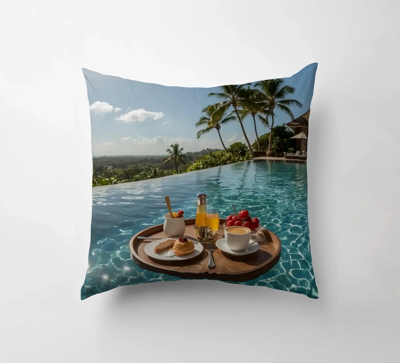 Breakfast Tray Floating in Infinity Pool with Palm Trees decorative cushion by DesignDoodle