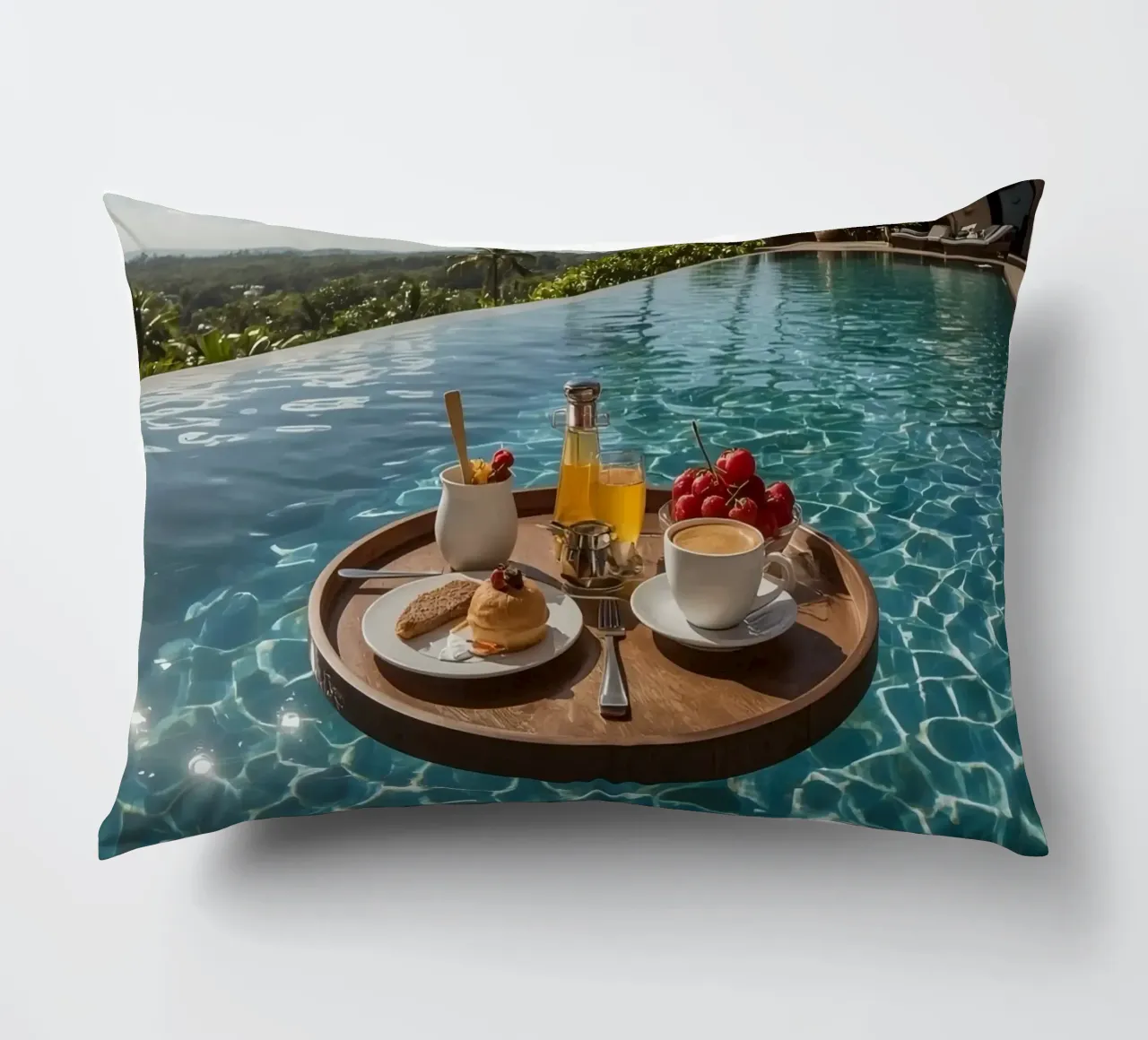 Breakfast Tray Floating in Infinity Pool with Palm Trees decorative cushion by DesignDoodle