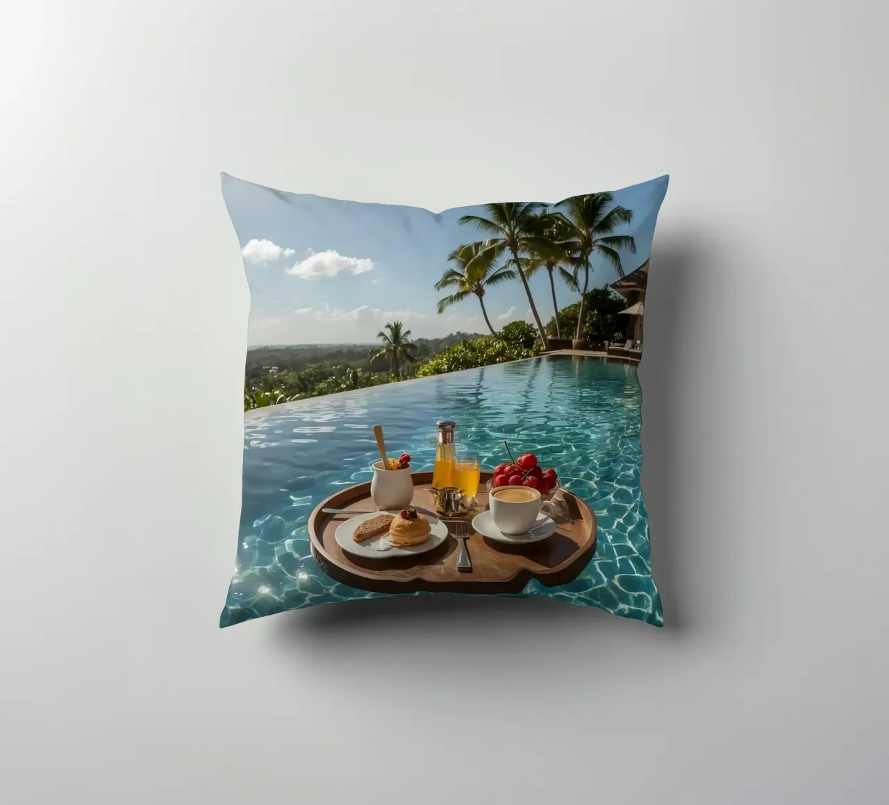 Breakfast Tray Floating in Infinity Pool with Palm Trees decorative cushion by DesignDoodle