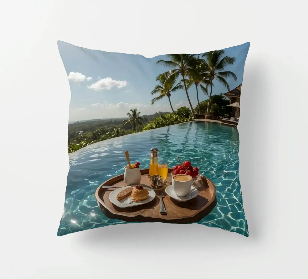 Breakfast Tray Floating in Infinity Pool with Palm Trees decorative cushion by DesignDoodle