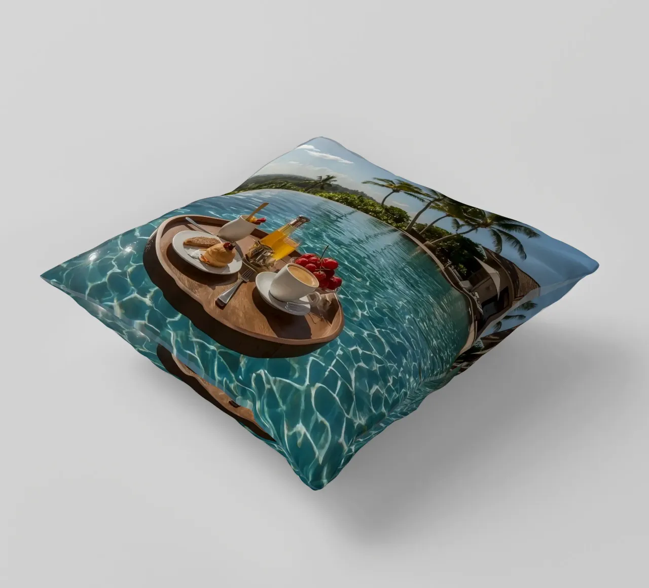 Breakfast Tray Floating in Infinity Pool with Palm Trees decorative cushion by DesignDoodle