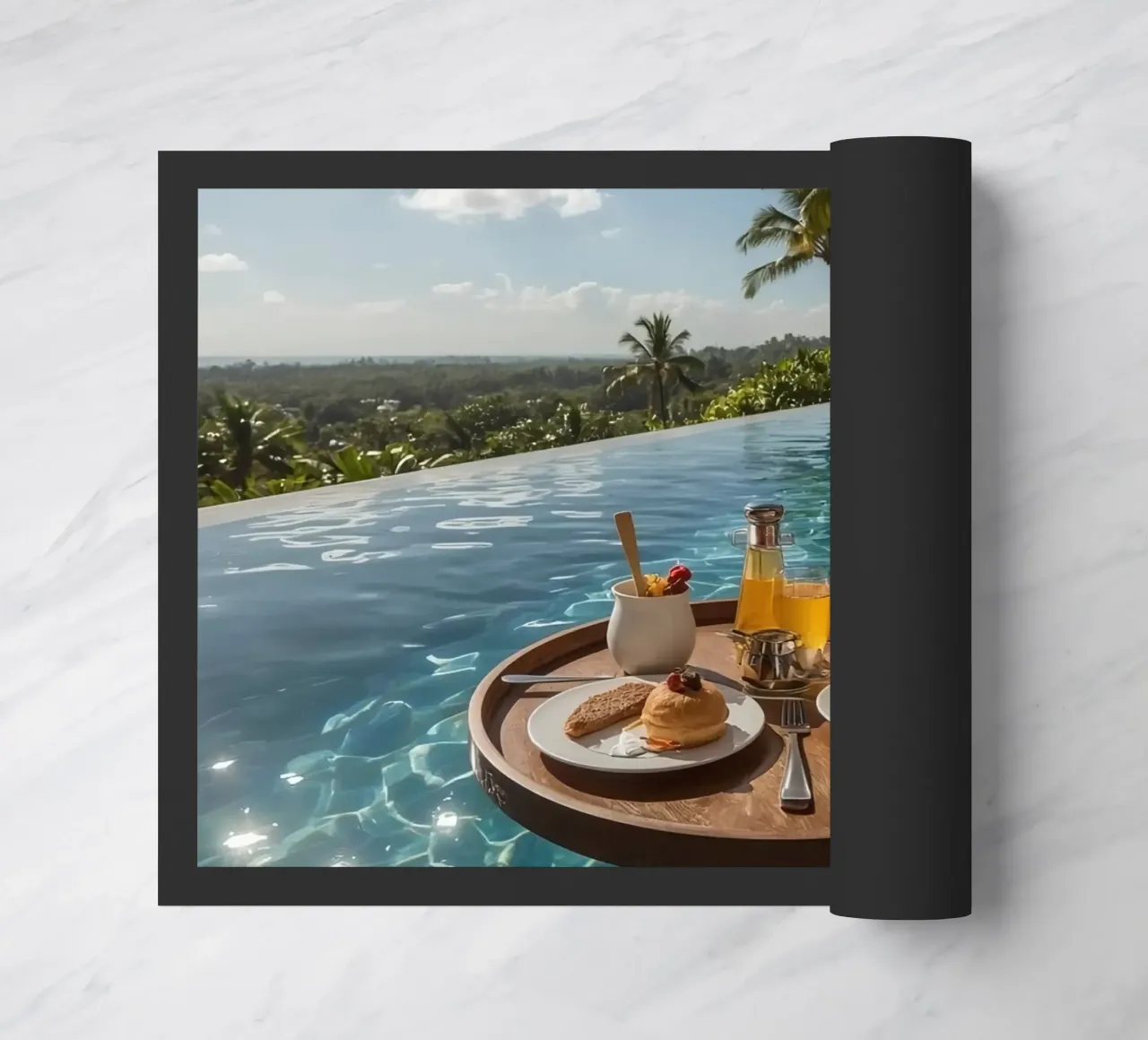 Breakfast Tray Floating in Infinity Pool with Palm Trees doormat by DesignDoodle