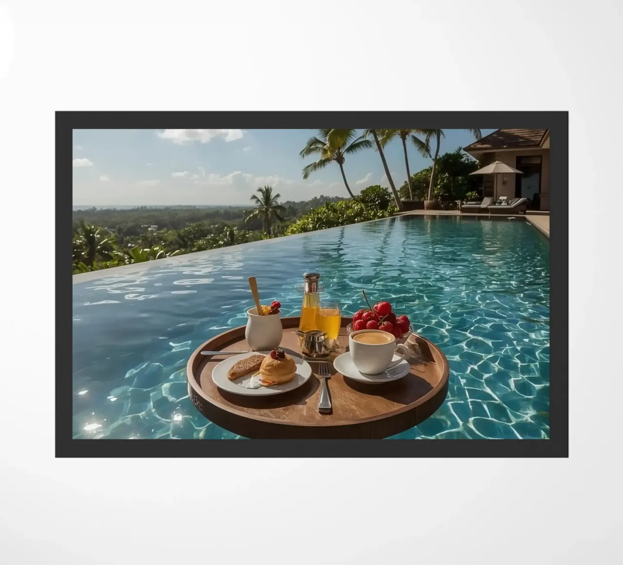Breakfast Tray Floating in Infinity Pool with Palm Trees doormat by DesignDoodle