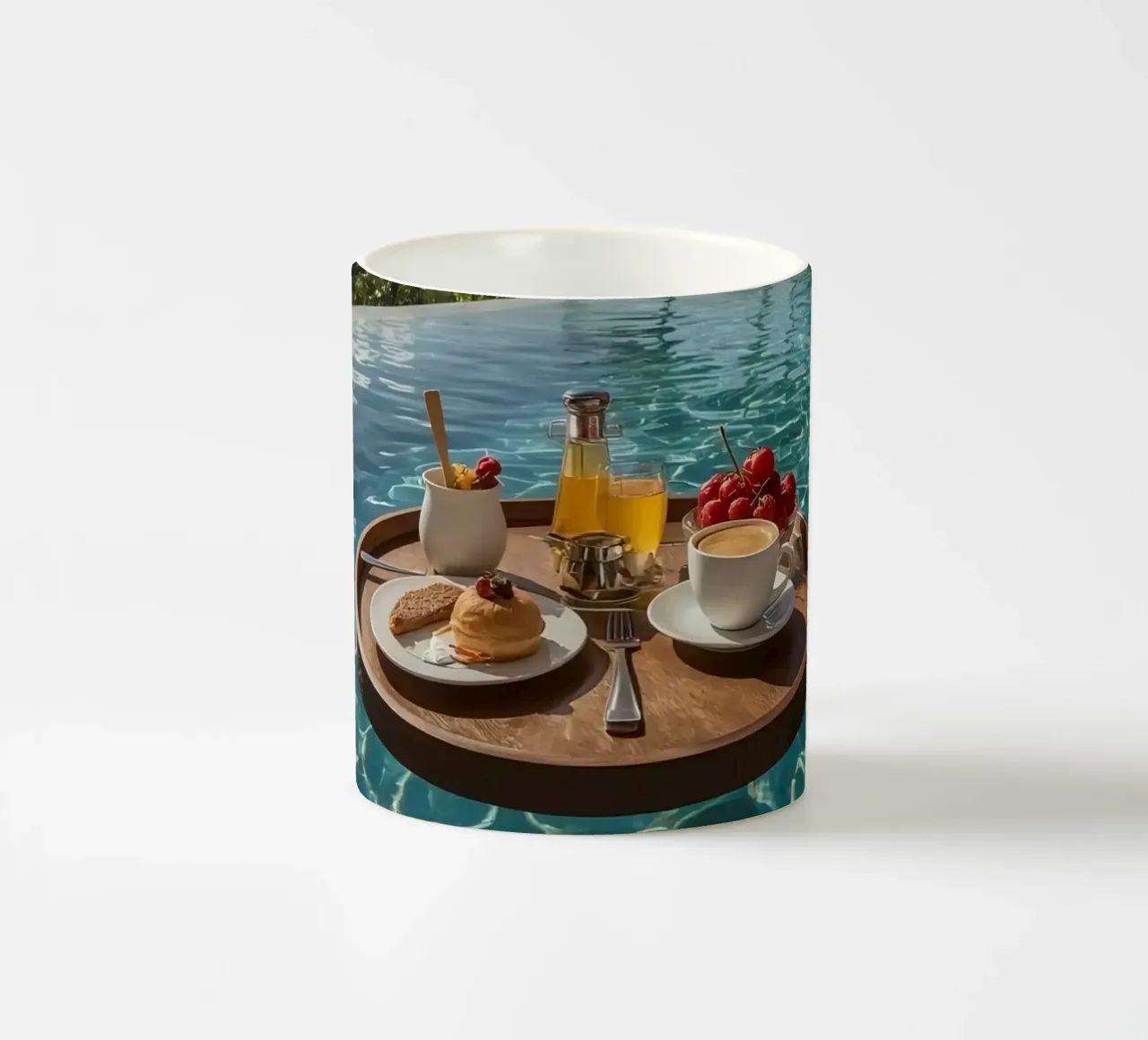 Breakfast Tray Floating in Infinity Pool with Palm Trees ceramic mug by DesignDoodle