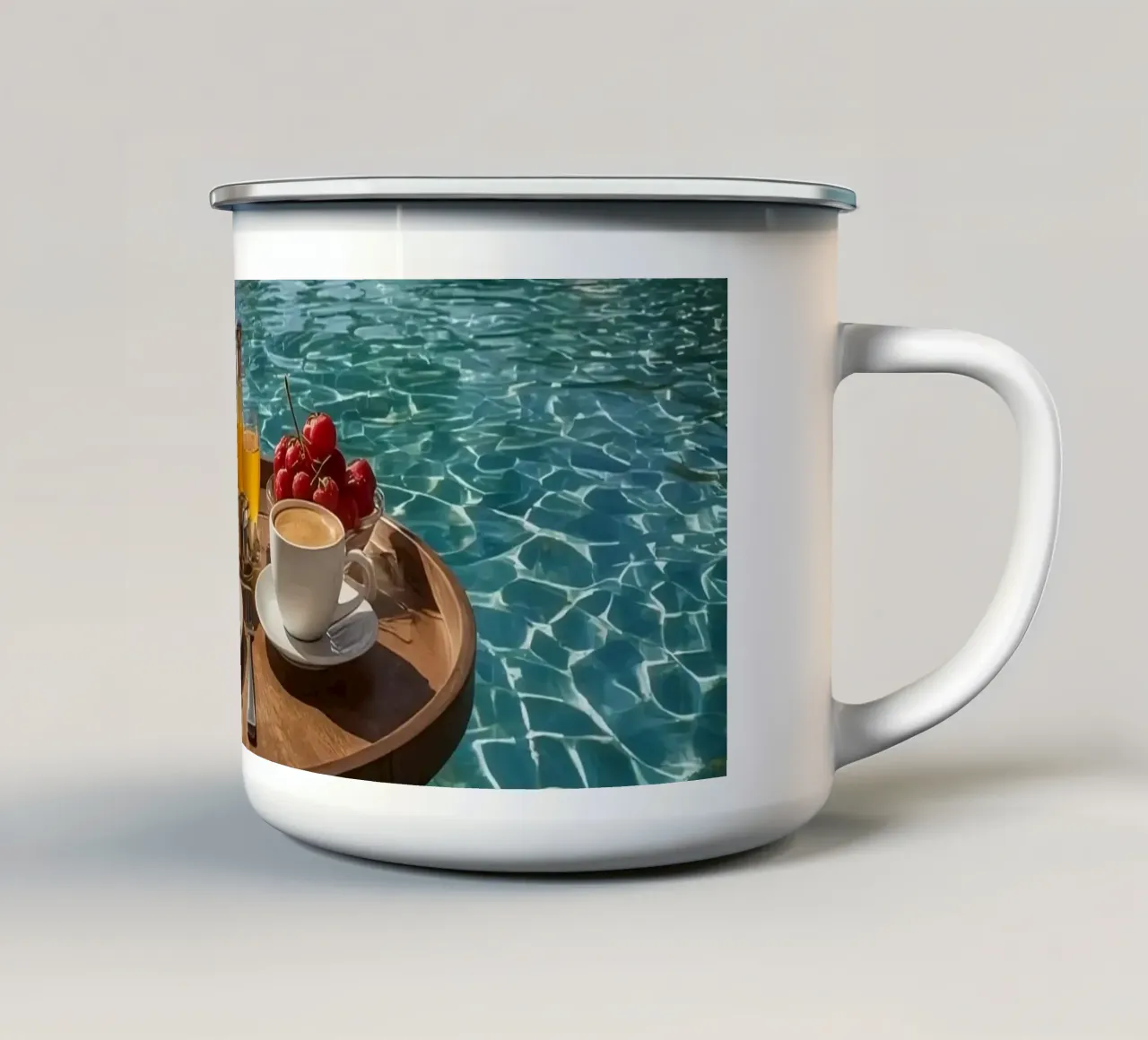 Breakfast Tray Floating in Infinity Pool with Palm Trees enamel mug by DesignDoodle