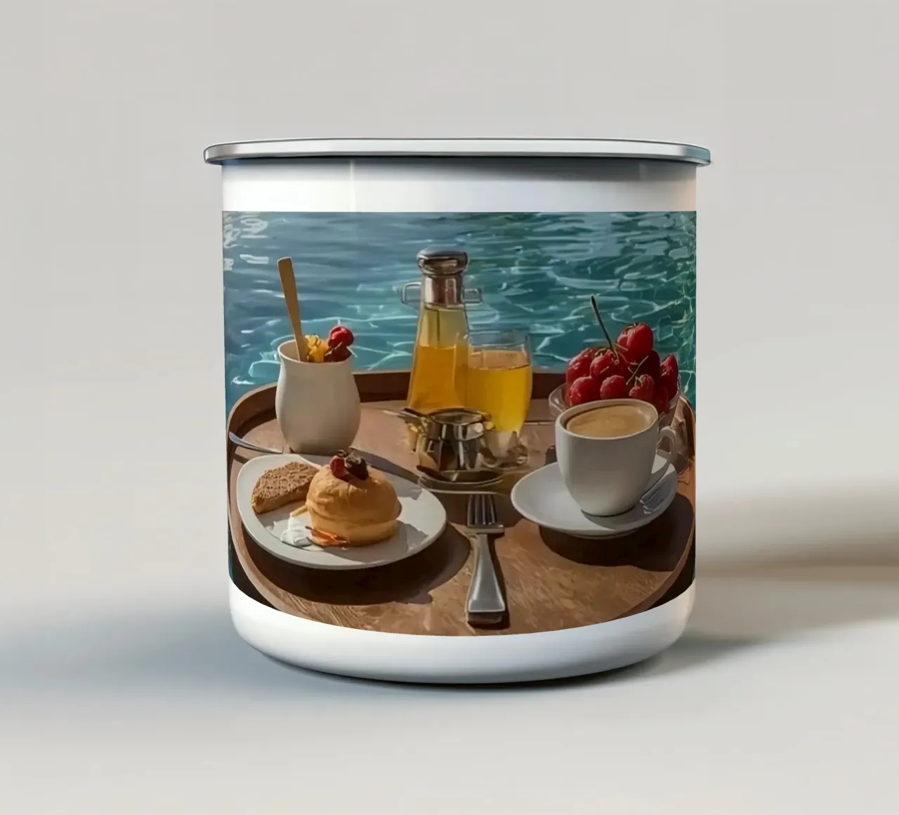 Breakfast Tray Floating in Infinity Pool with Palm Trees enamel mug by DesignDoodle