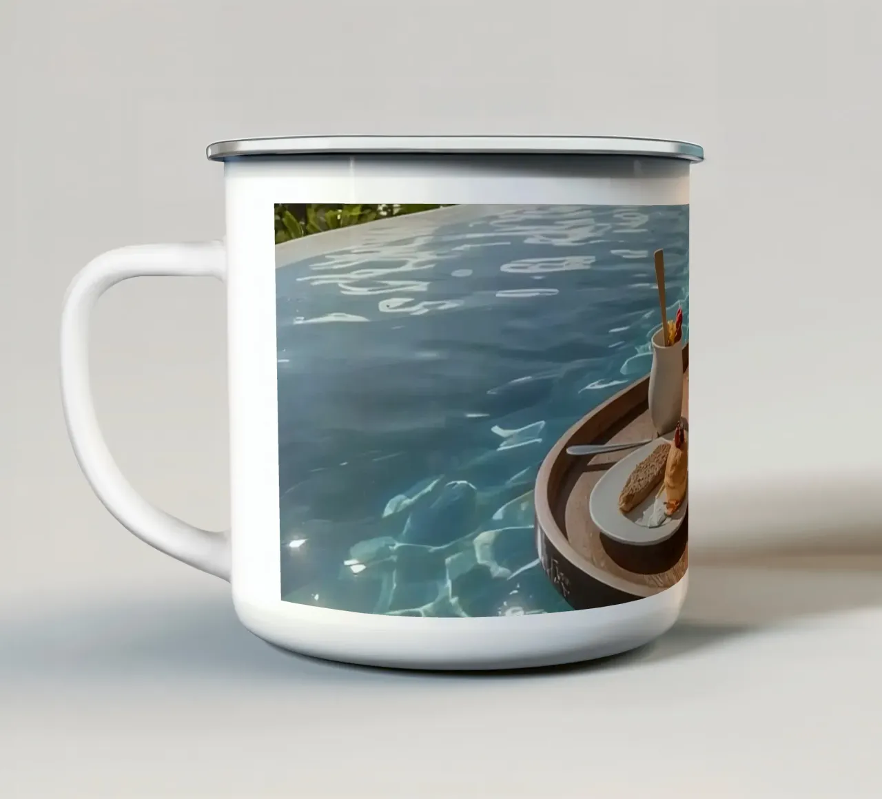 Breakfast Tray Floating in Infinity Pool with Palm Trees enamel mug by DesignDoodle