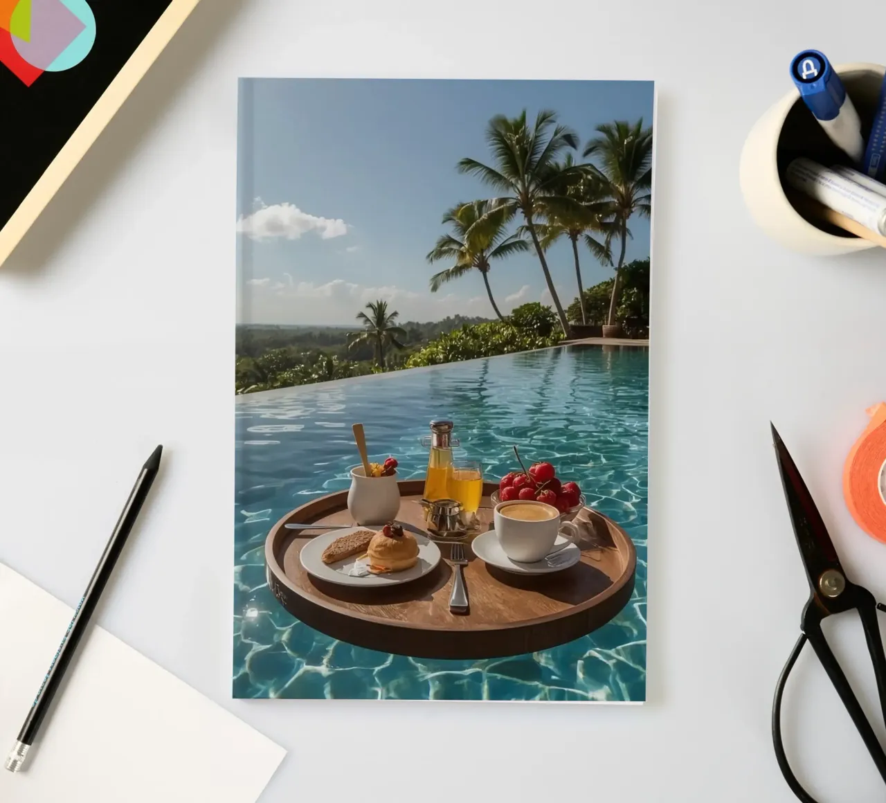 Breakfast Tray Floating in Infinity Pool with Palm Trees notebook by DesignDoodle