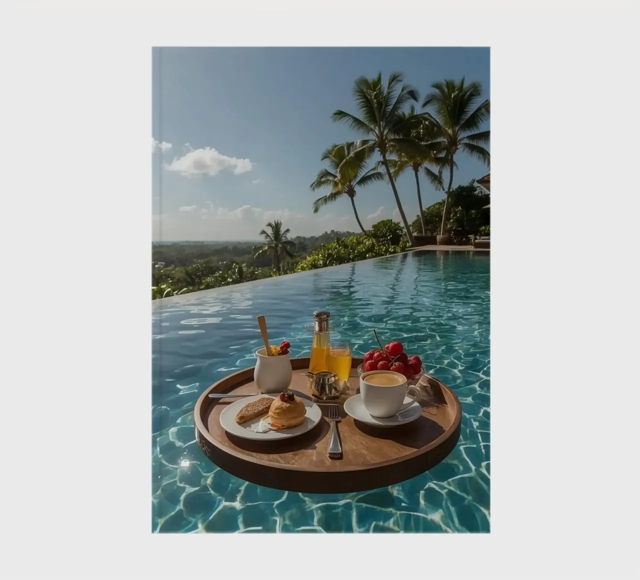 Breakfast Tray Floating in Infinity Pool with Palm Trees notebook by DesignDoodle