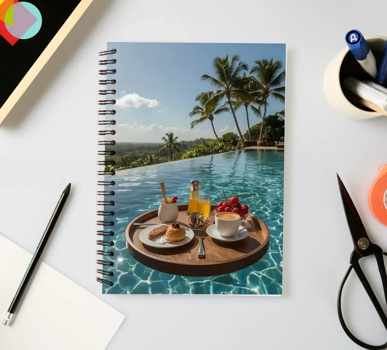 Breakfast Tray Floating in Infinity Pool with Palm Trees spiral notebook by DesignDoodle