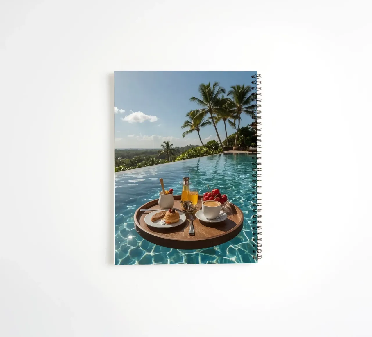 Breakfast Tray Floating in Infinity Pool with Palm Trees spiral notebook by DesignDoodle