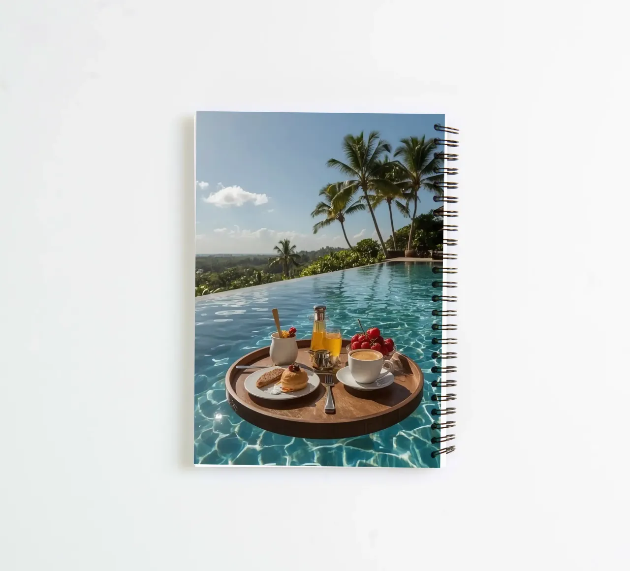 Breakfast Tray Floating in Infinity Pool with Palm Trees spiral notebook by DesignDoodle