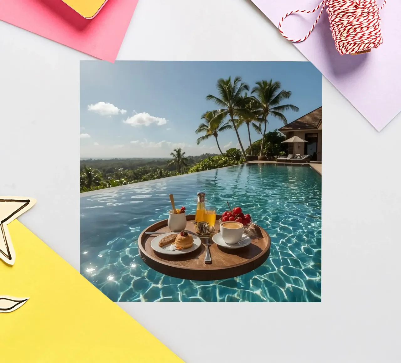 Vassoio per la colazione galleggiante nella piscina a sfioro con palme adesivo da DesignDoodle