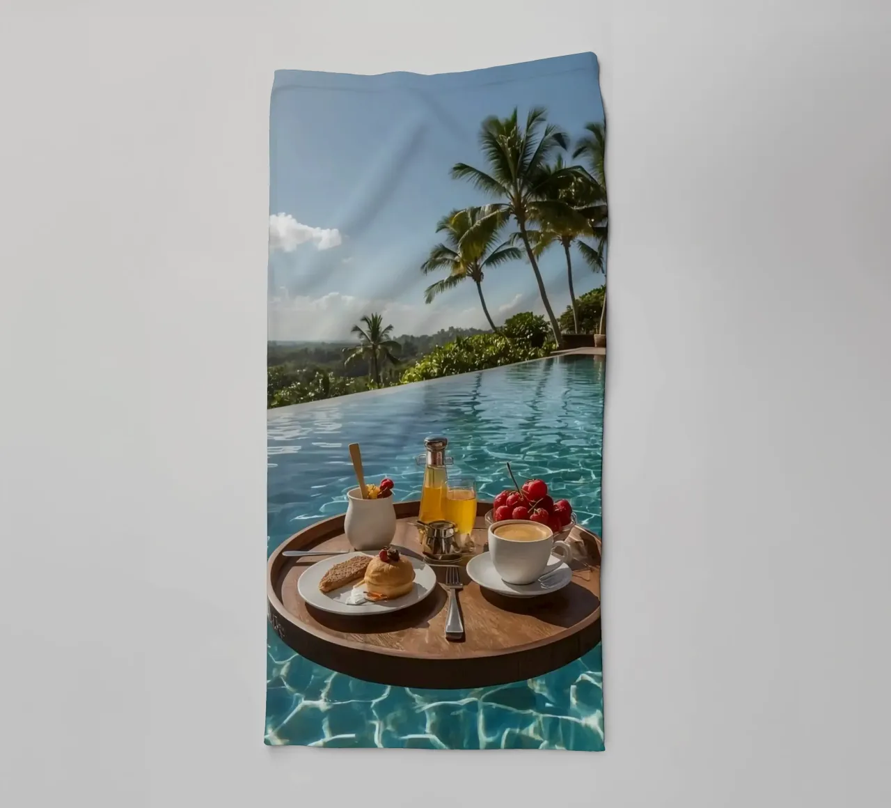 Breakfast Tray Floating in Infinity Pool with Palm Trees towel by DesignDoodle