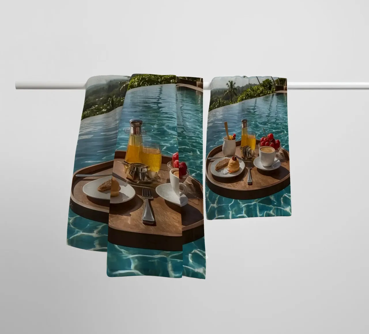 Breakfast Tray Floating in Infinity Pool with Palm Trees towel by DesignDoodle