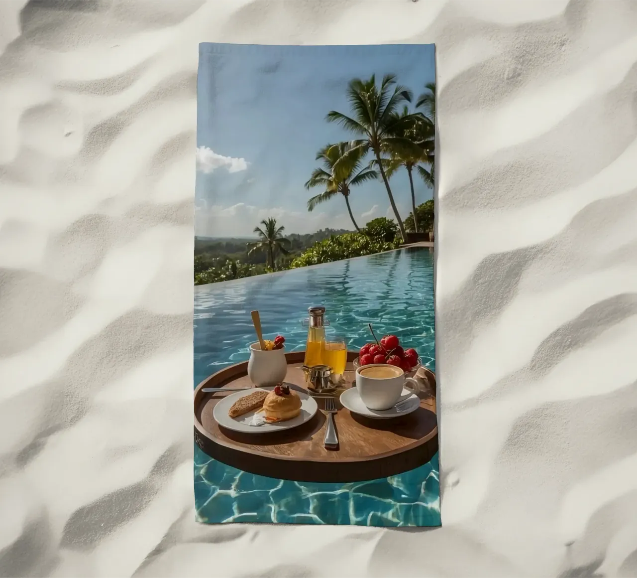 Breakfast Tray Floating in Infinity Pool with Palm Trees beach towel by DesignDoodle