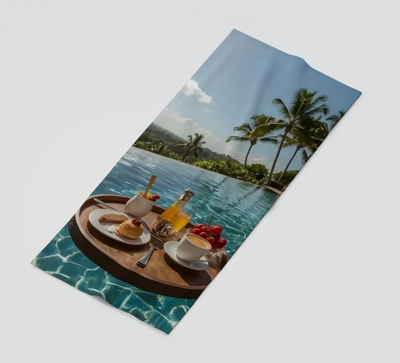 Breakfast Tray Floating in Infinity Pool with Palm Trees beach towel by DesignDoodle