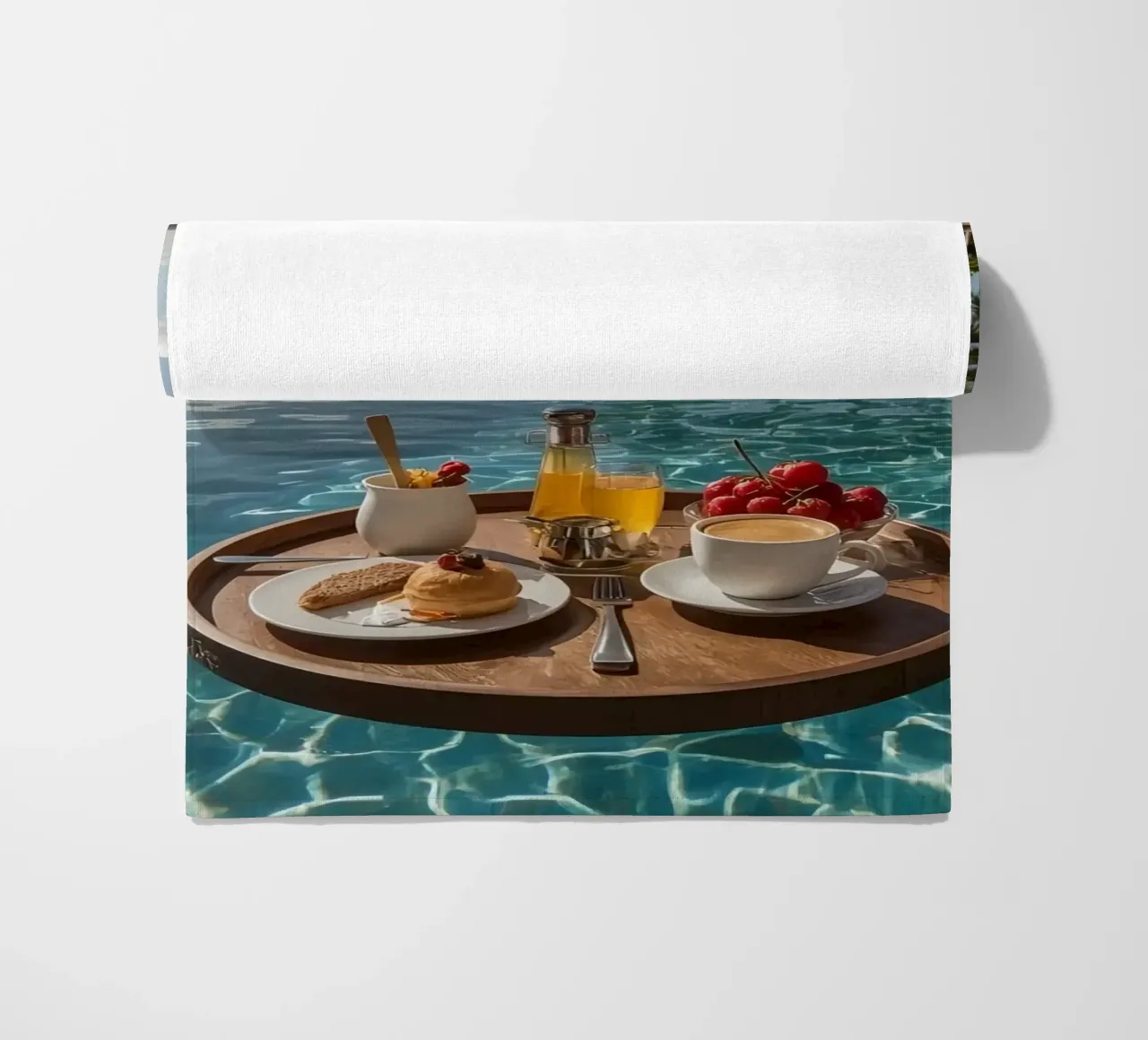 Breakfast Tray Floating in Infinity Pool with Palm Trees beach towel by DesignDoodle