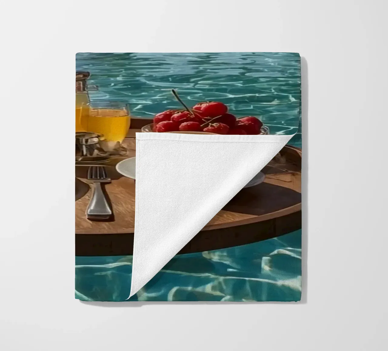 Breakfast Tray Floating in Infinity Pool with Palm Trees beach towel by DesignDoodle