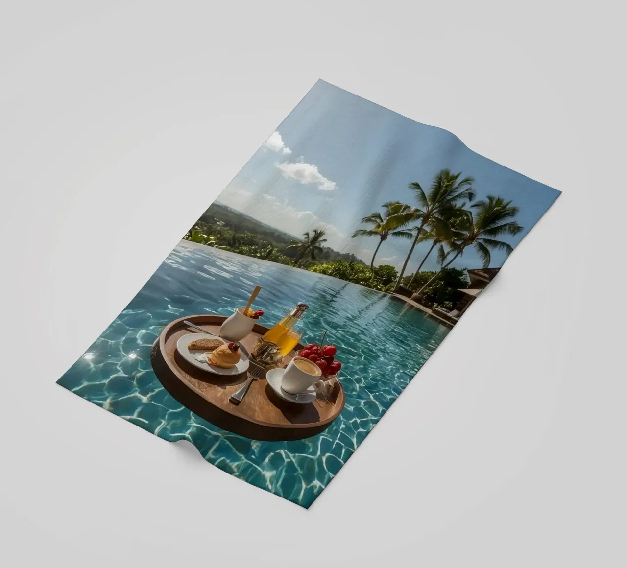 Breakfast Tray Floating in Infinity Pool with Palm Trees beach towel by DesignDoodle