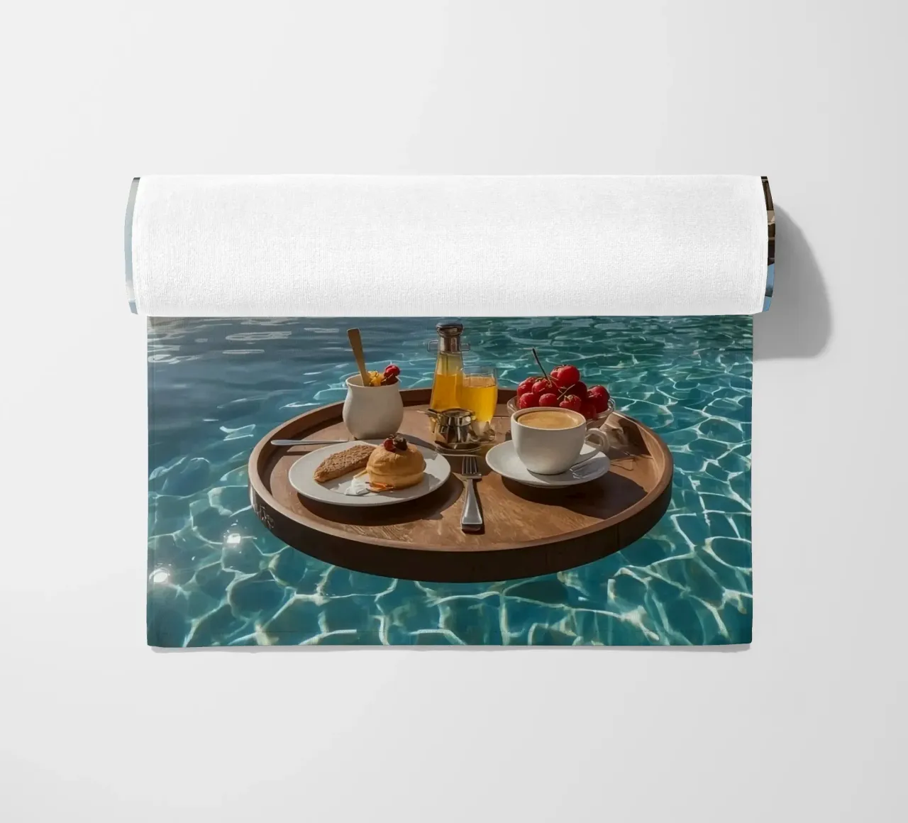 Breakfast Tray Floating in Infinity Pool with Palm Trees beach towel by DesignDoodle