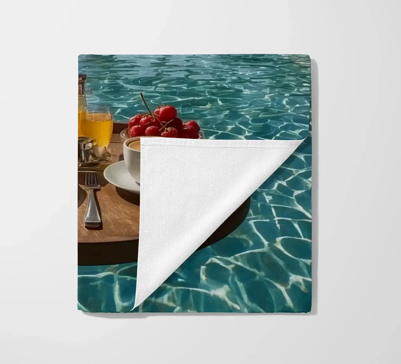 Breakfast Tray Floating in Infinity Pool with Palm Trees beach towel by DesignDoodle