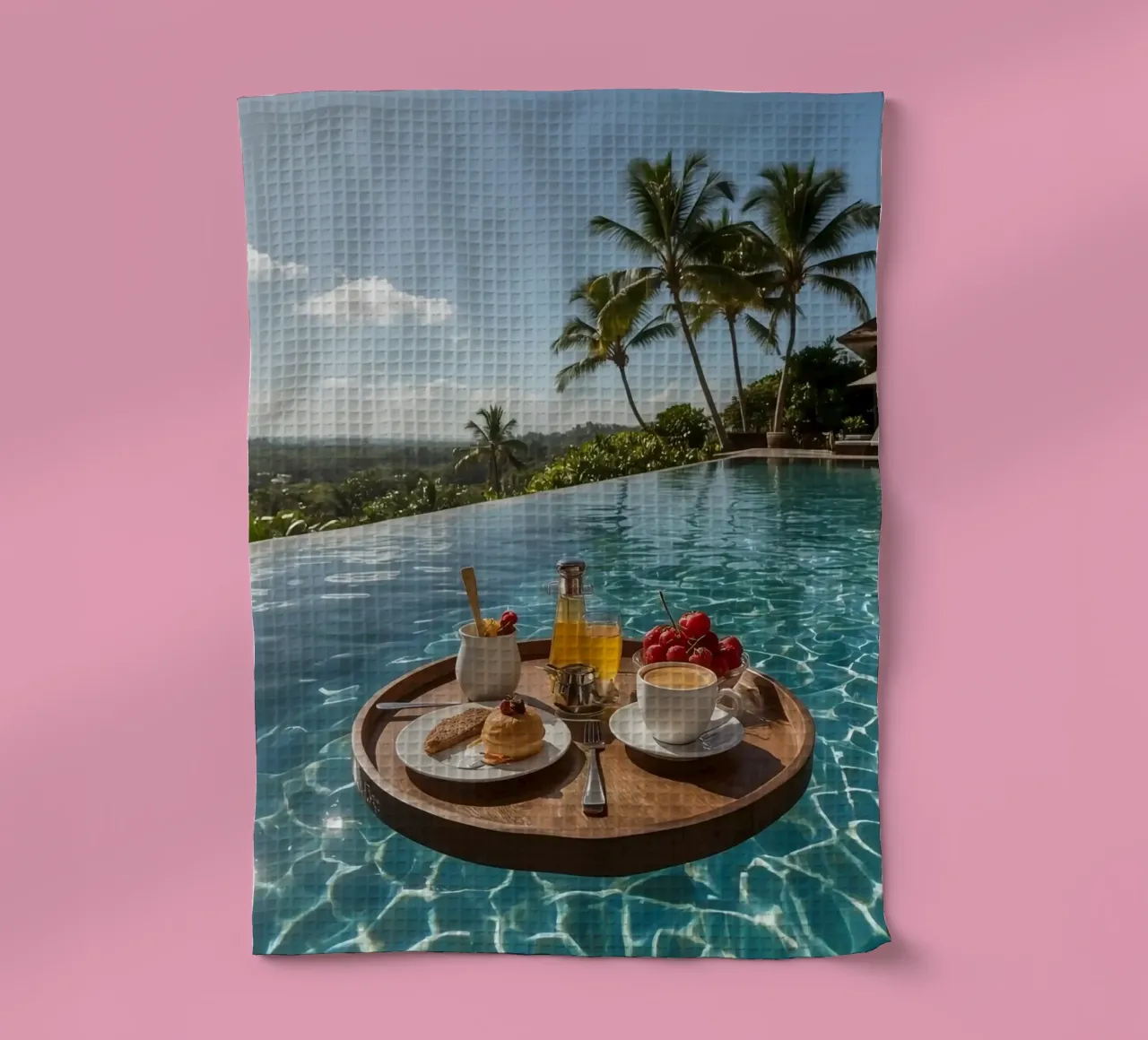 Breakfast Tray Floating in Infinity Pool with Palm Trees tea towel by DesignDoodle