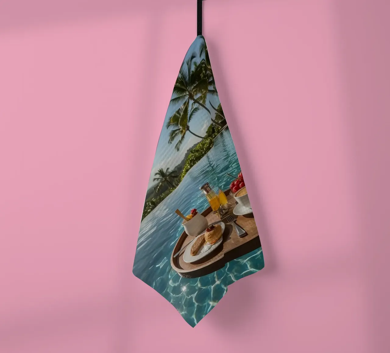 Breakfast Tray Floating in Infinity Pool with Palm Trees tea towel by DesignDoodle