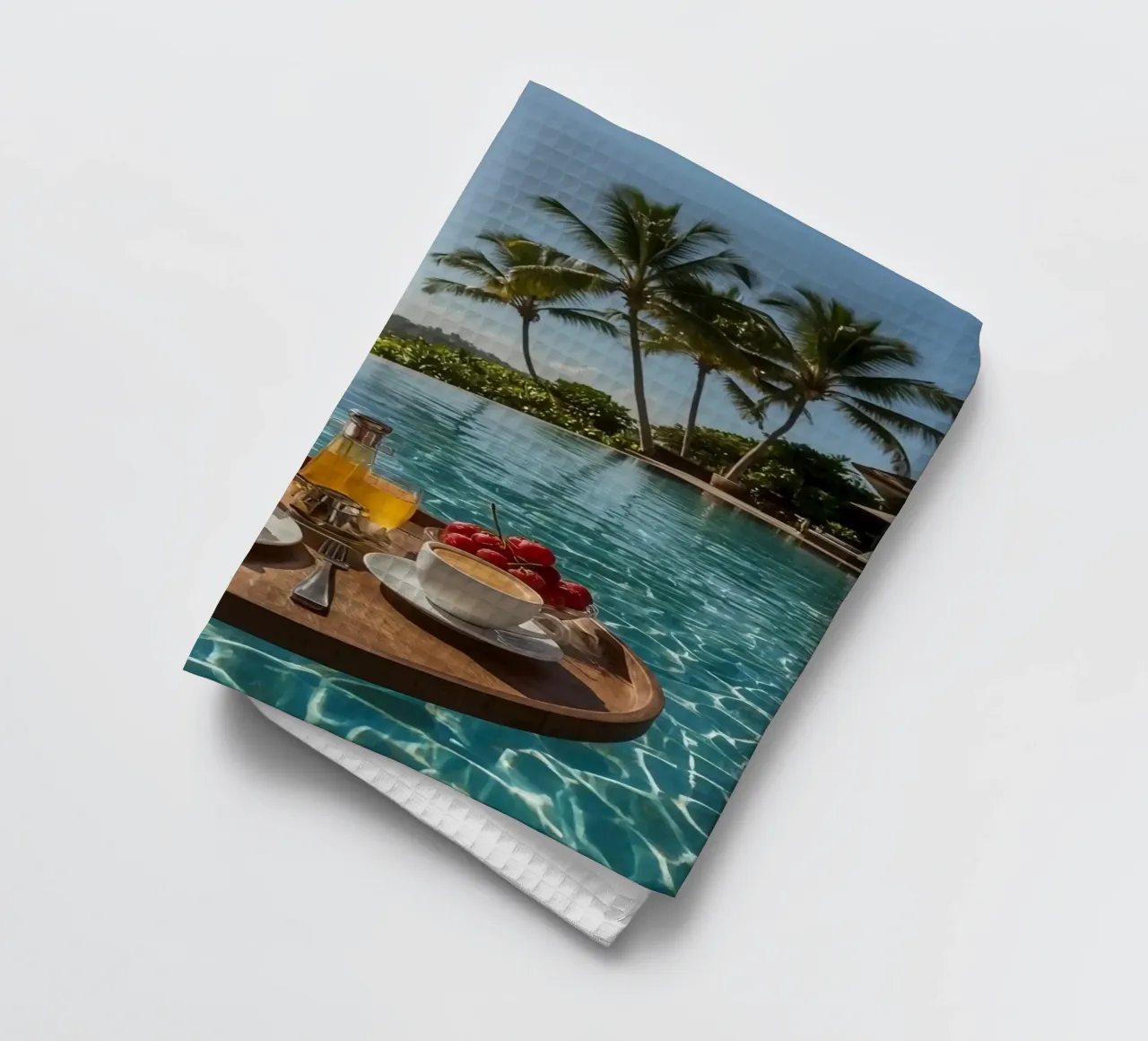 Breakfast Tray Floating in Infinity Pool with Palm Trees tea towel by DesignDoodle