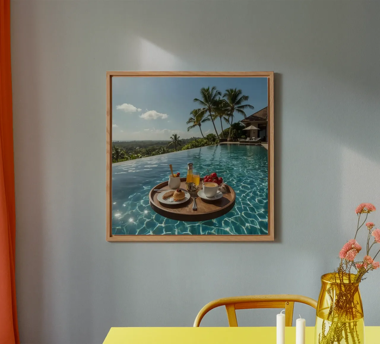 Breakfast Tray Floating in Infinity Pool with Palm Trees alu-dibond by DesignDoodle