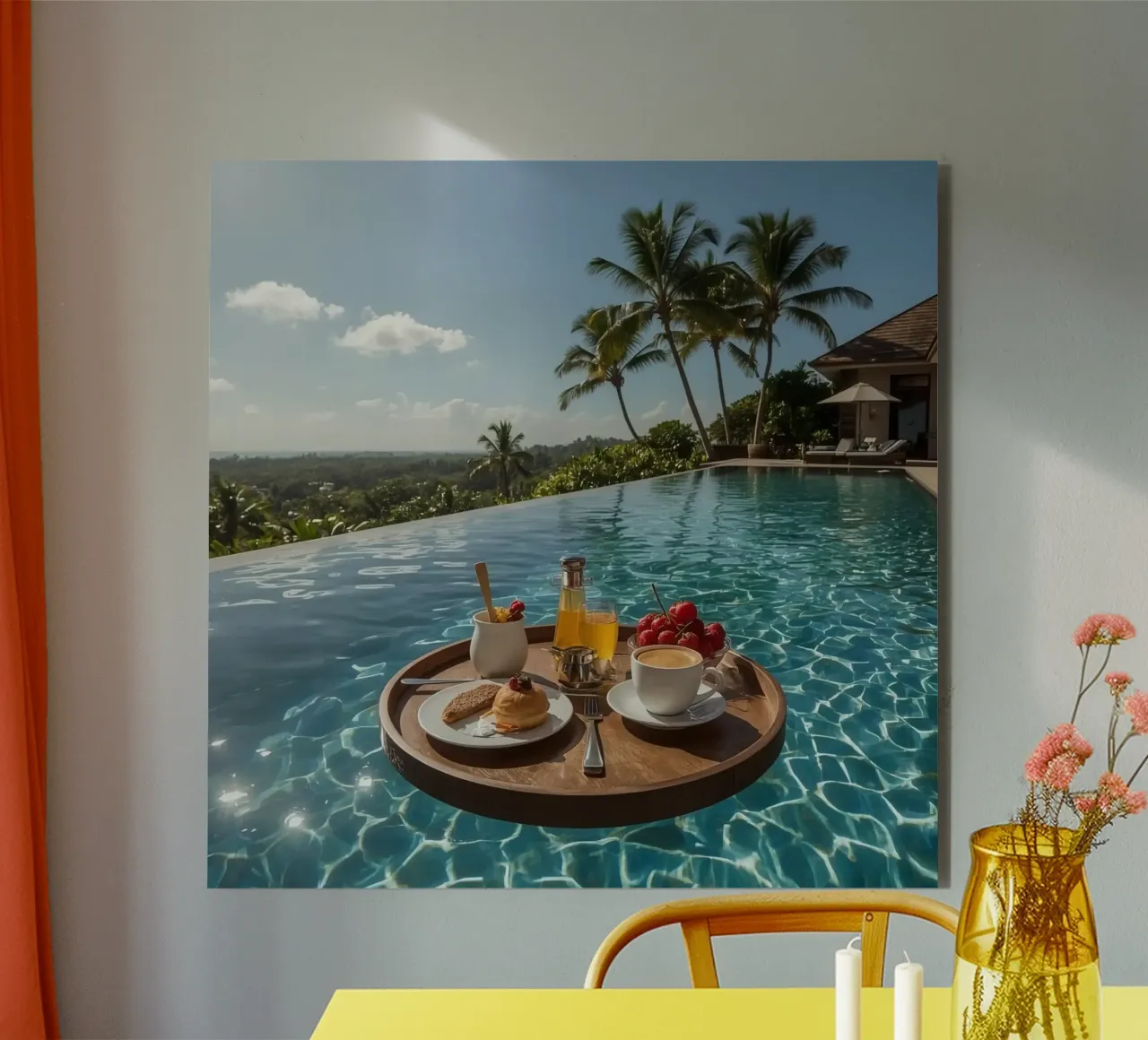 Breakfast Tray Floating in Infinity Pool with Palm Trees alu-dibond by DesignDoodle