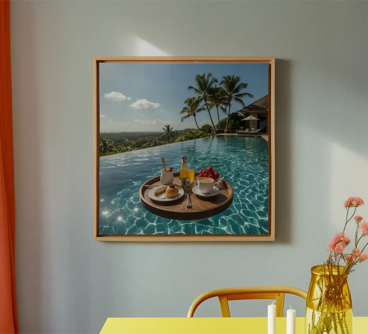 Breakfast Tray Floating in Infinity Pool with Palm Trees canvas with Floater frame by DesignDoodle