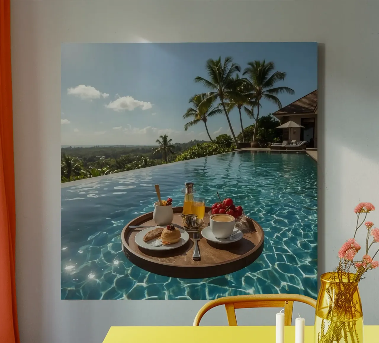Breakfast Tray Floating in Infinity Pool with Palm Trees canvas with Floater frame by DesignDoodle