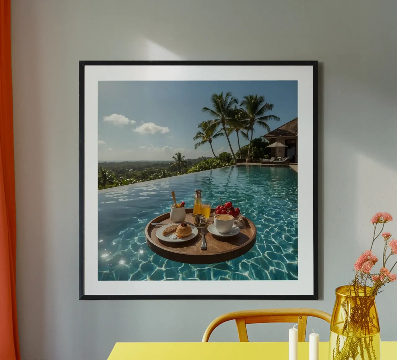 Breakfast Tray Floating in Infinity Pool with Palm Trees poster by DesignDoodle