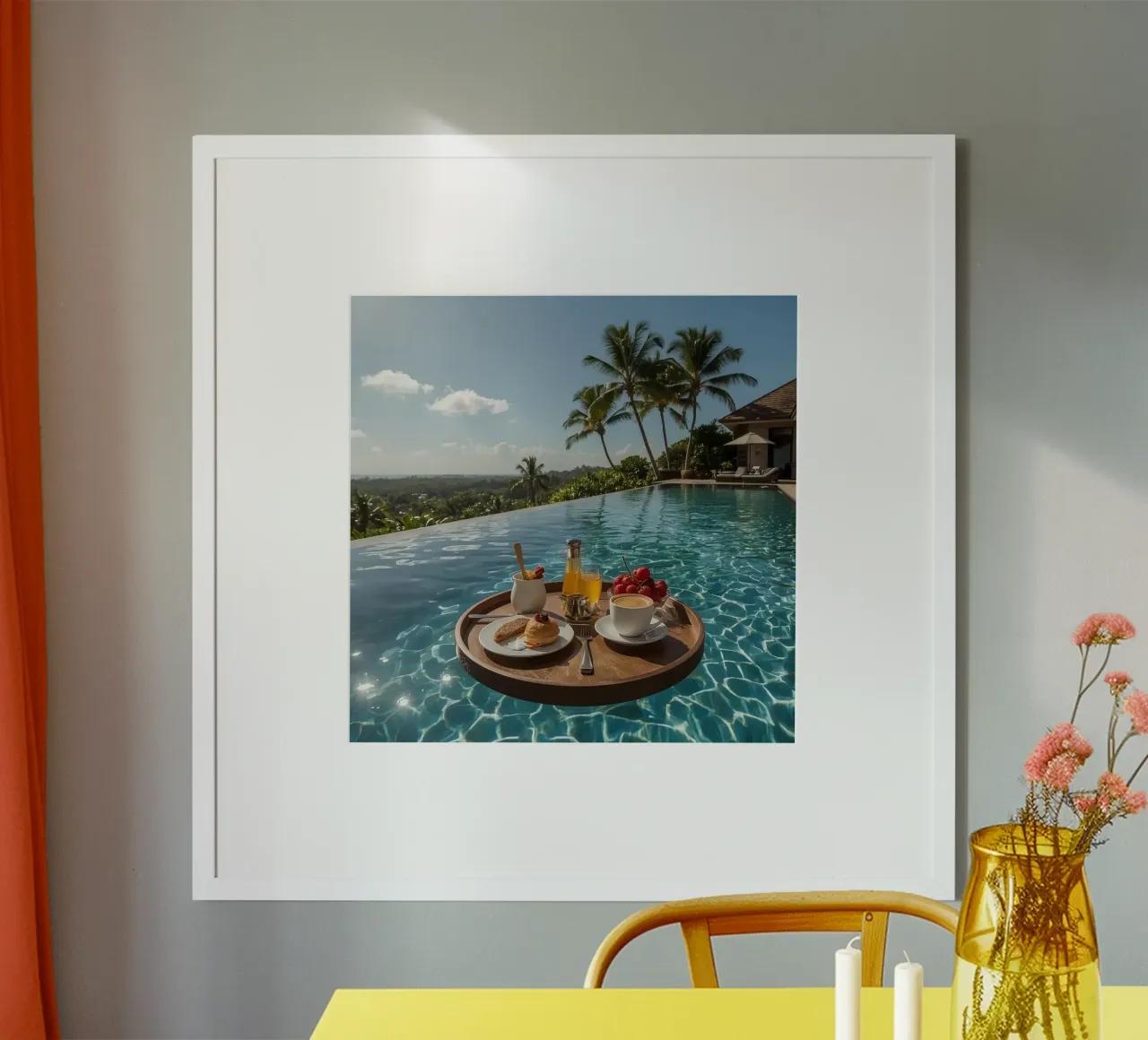 Breakfast Tray Floating in Infinity Pool with Palm Trees poster by DesignDoodle