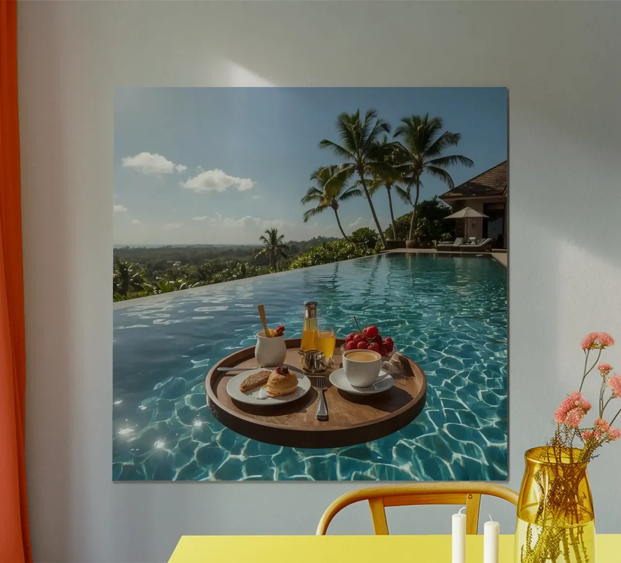 Breakfast Tray Floating in Infinity Pool with Palm Trees poster by DesignDoodle