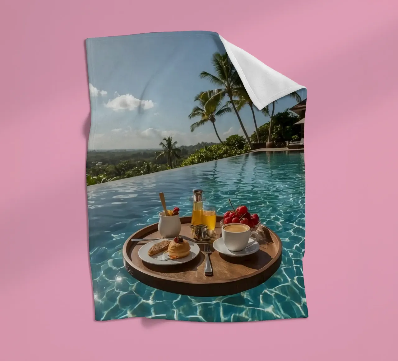Breakfast Tray Floating in Infinity Pool with Palm Trees fleece blanket by DesignDoodle