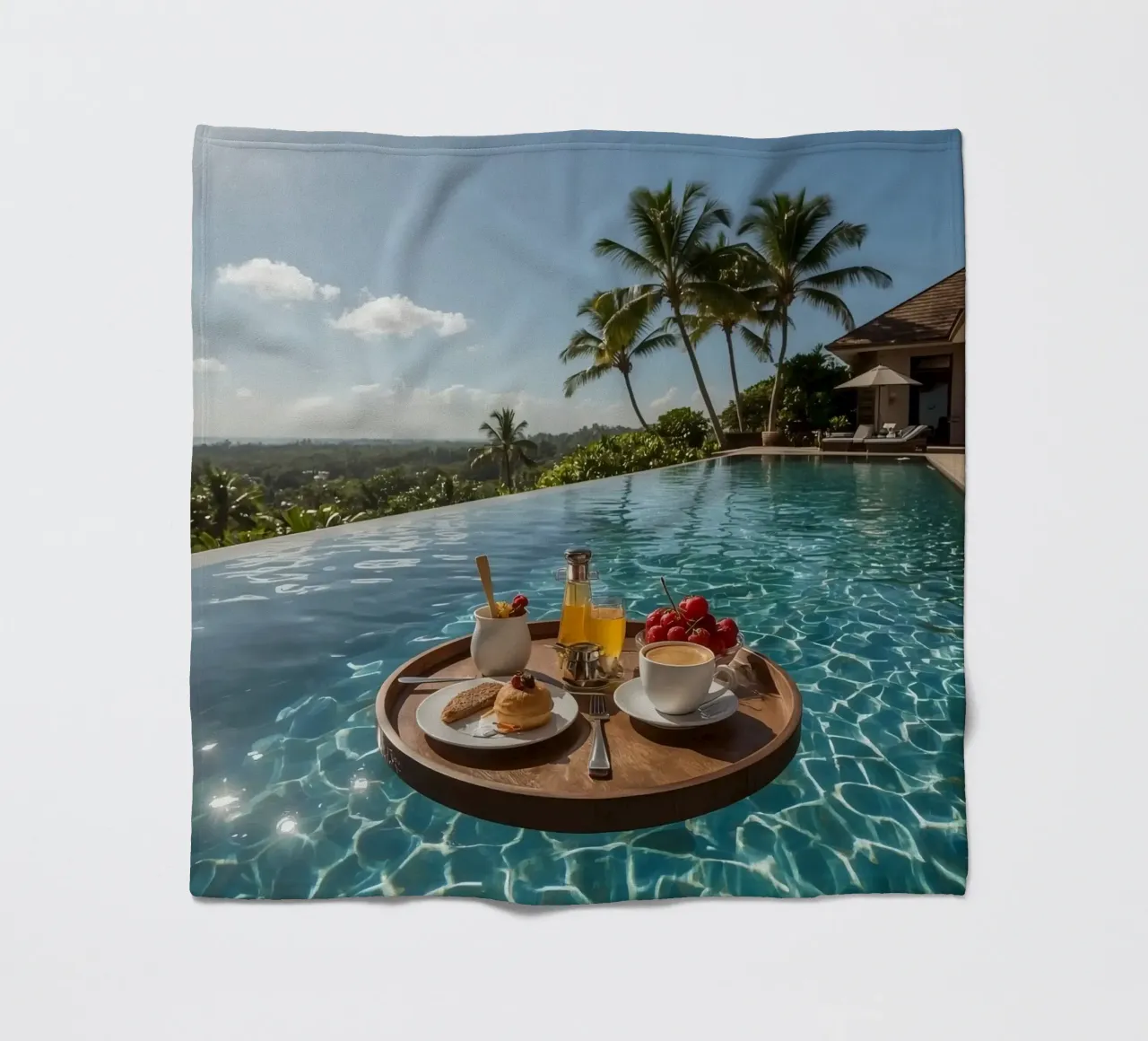 Breakfast Tray Floating in Infinity Pool with Palm Trees fleece blanket by DesignDoodle