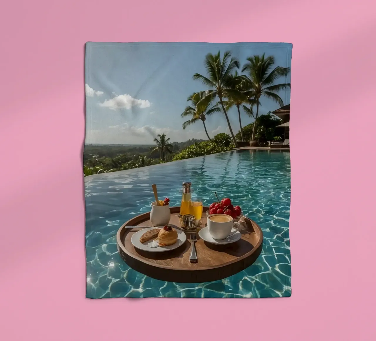 Breakfast Tray Floating in Infinity Pool with Palm Trees fleece blanket by DesignDoodle