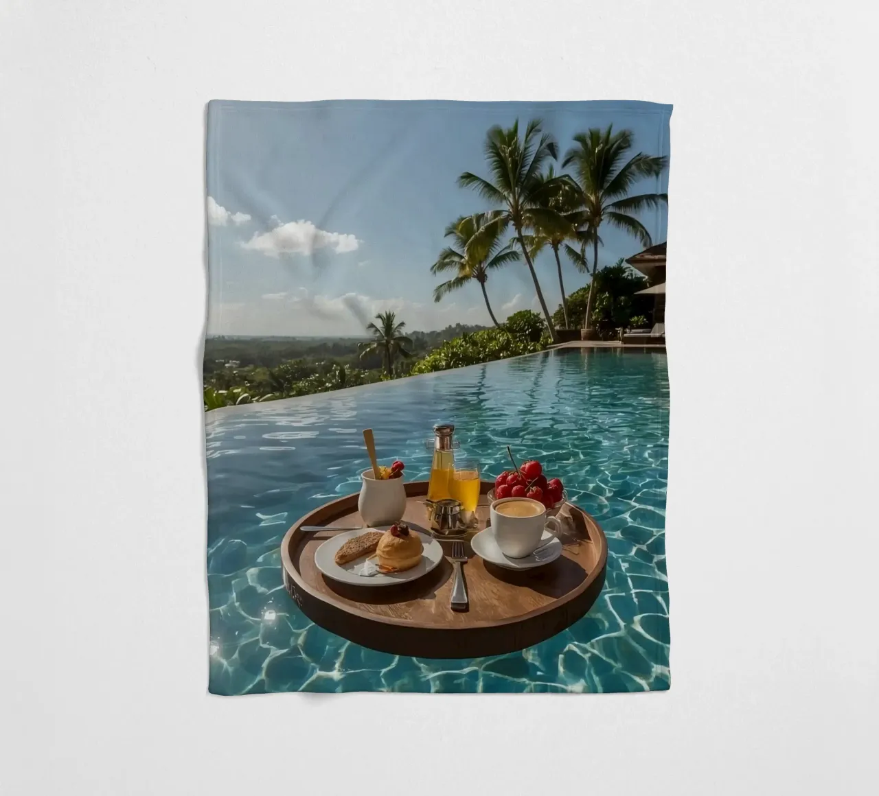 Breakfast Tray Floating in Infinity Pool with Palm Trees fleece blanket by DesignDoodle