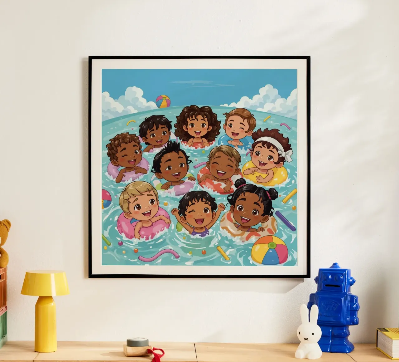 Dibujos animados de niños nadando con anillos hinchables poster de DesignDoodle