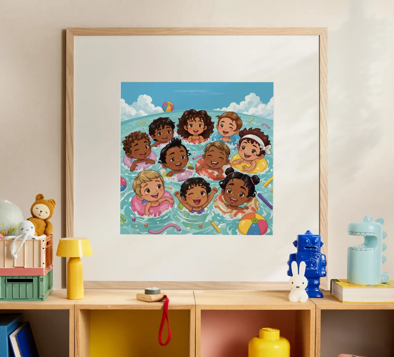 Dibujos animados de niños nadando con anillos hinchables poster de DesignDoodle