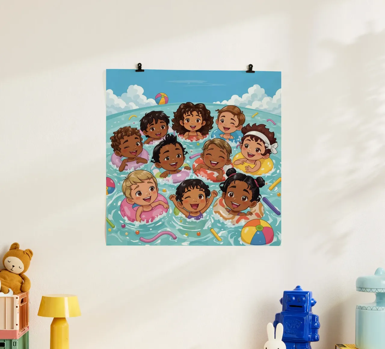 Dibujos animados de niños nadando con anillos hinchables poster de DesignDoodle