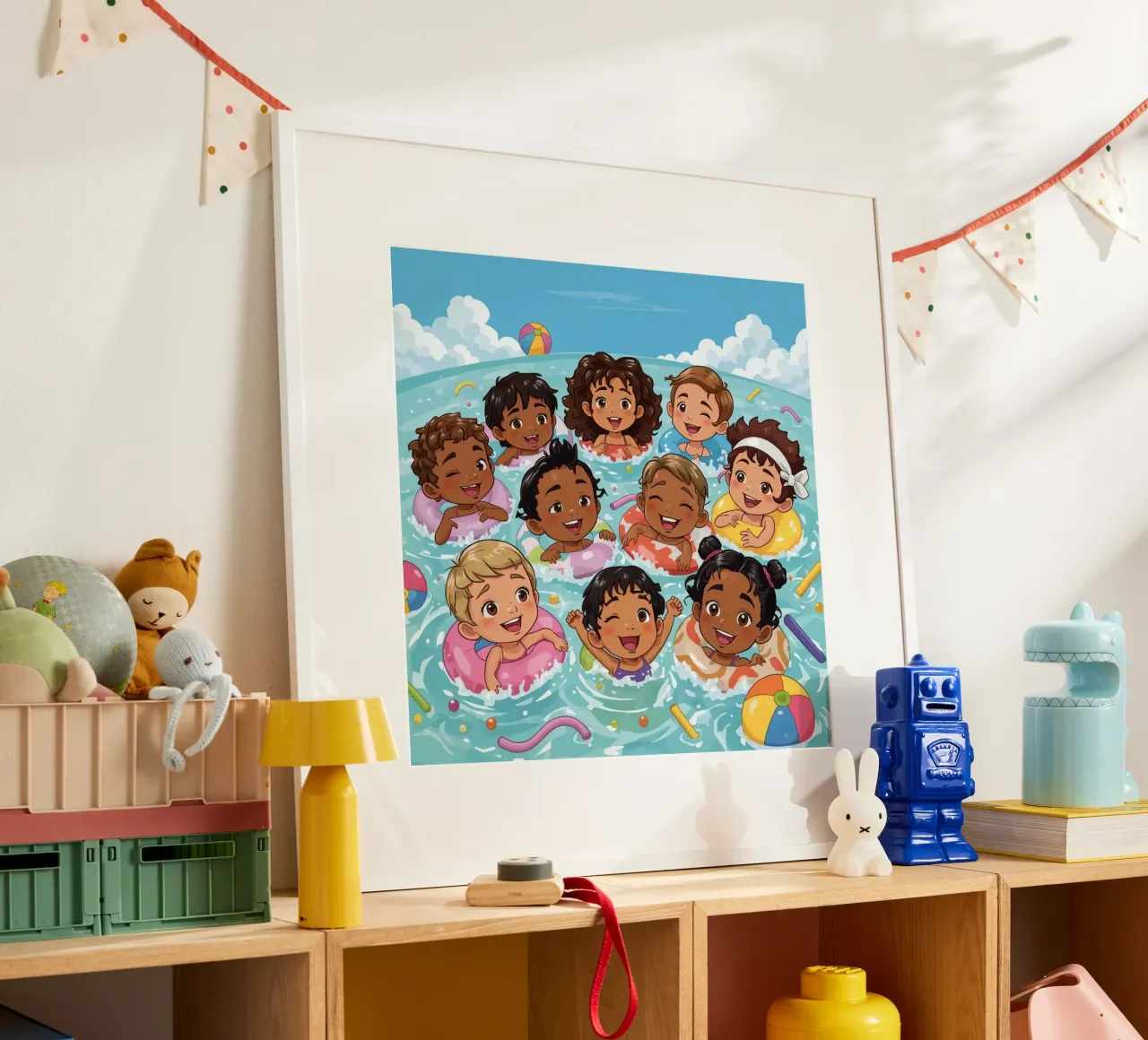 Dibujos animados de niños nadando con anillos hinchables poster de DesignDoodle