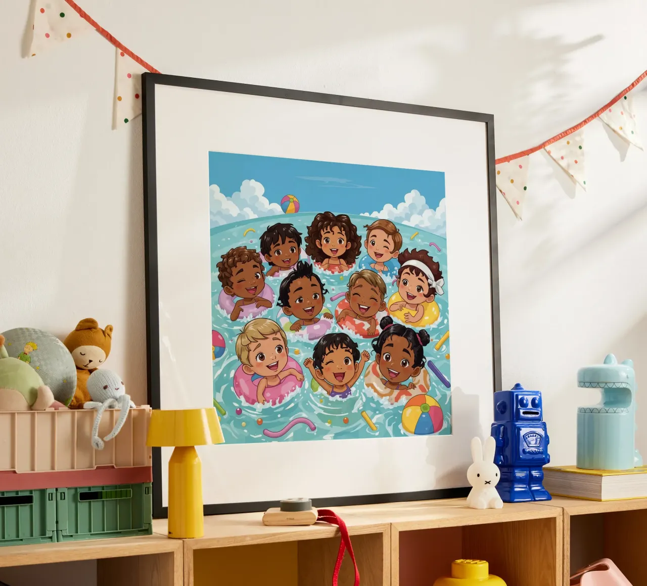 Dibujos animados de niños nadando con anillos hinchables poster de DesignDoodle