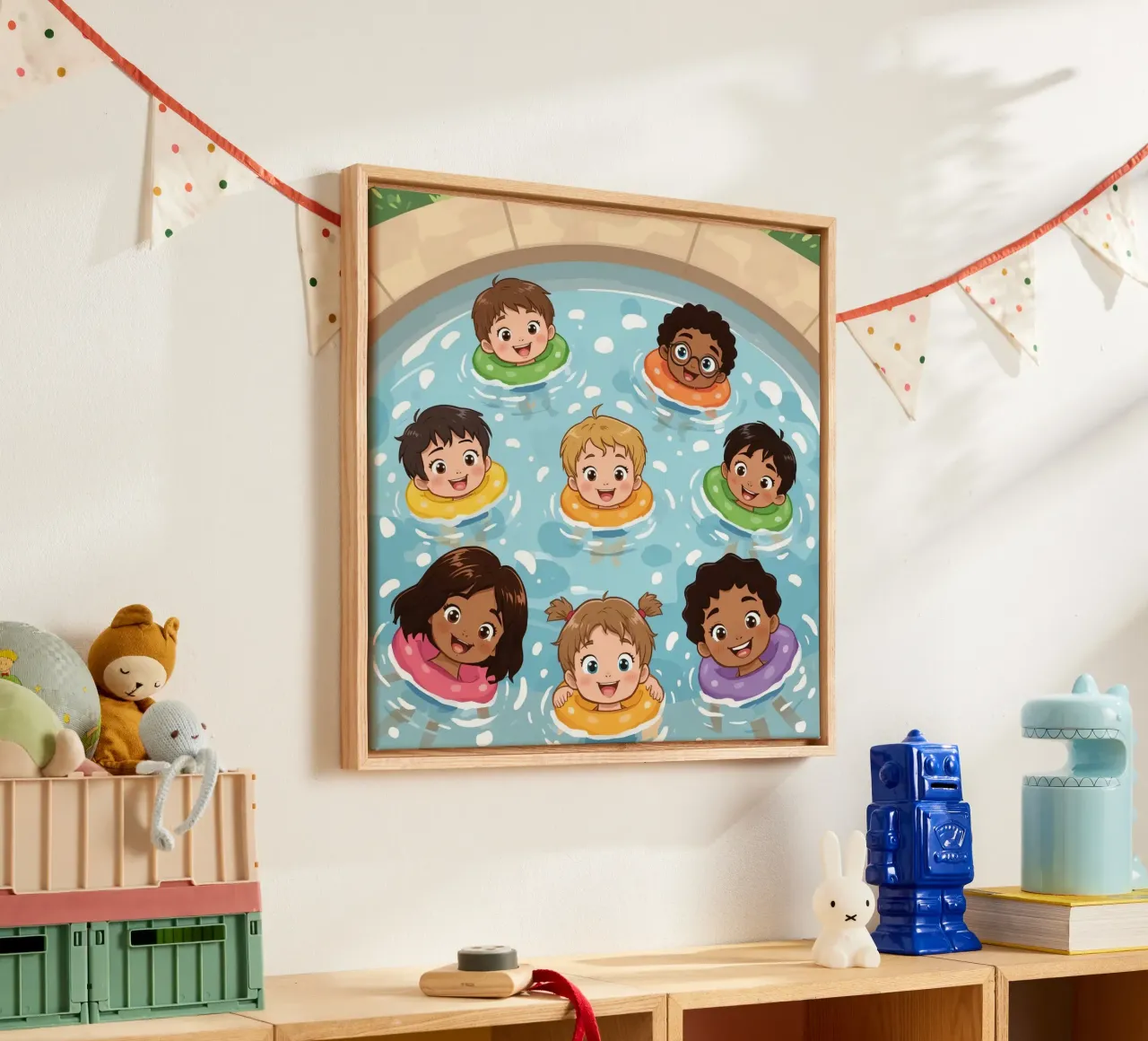 Children Floating in Pool with Swim Rings Cartoon canvas with Floater frame by DesignDoodle