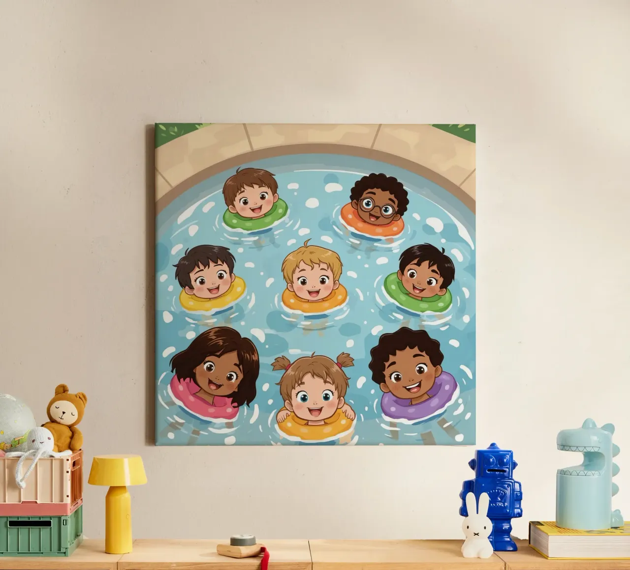 Children Floating in Pool with Swim Rings Cartoon canvas with Floater frame by DesignDoodle