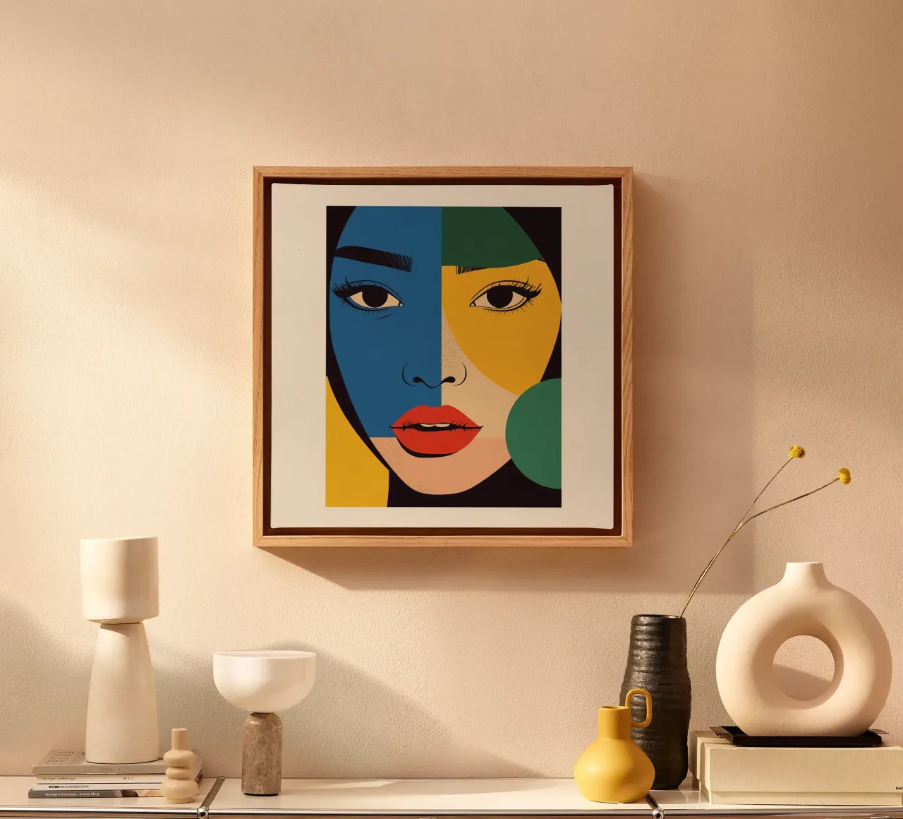 Modern Art Colorful Geometric Woman's Face Portrait canvas with Floater frame by DesignDoodle