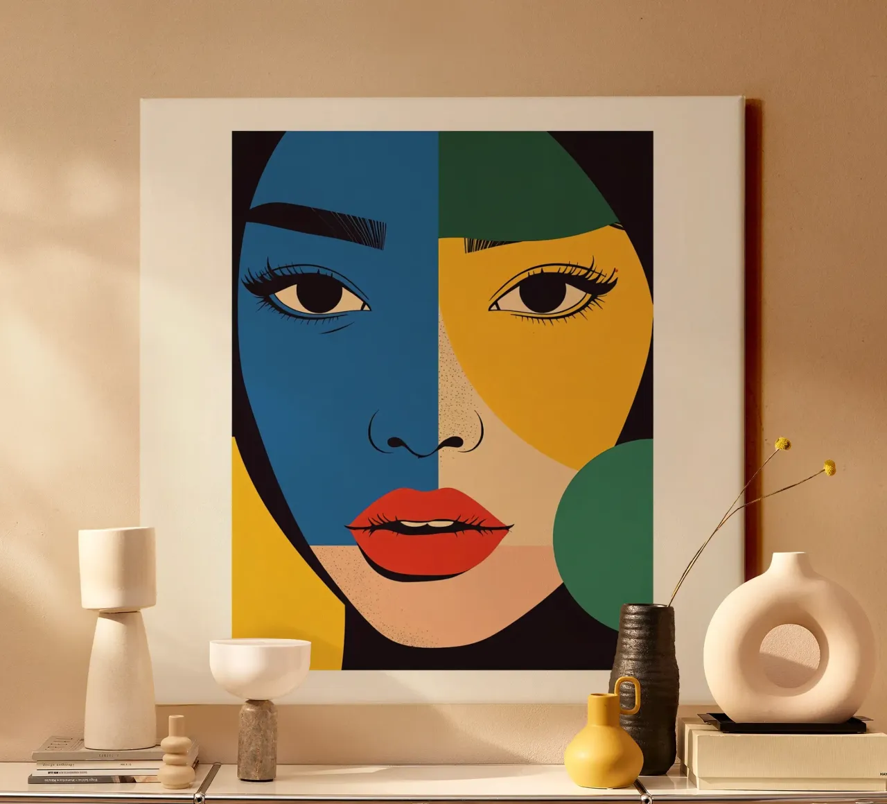 Modern Art Colorful Geometric Woman's Face Portrait canvas with Floater frame by DesignDoodle